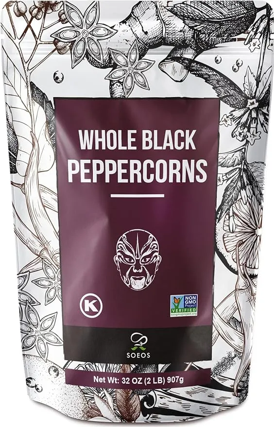 Soeos Black Peppercorns, 32oz (Pack of 1), Non-GMO, Kosher, Packed to Keep Peppers Fresh, Peppercorn for Grinder Refill, Whole Peppercorns