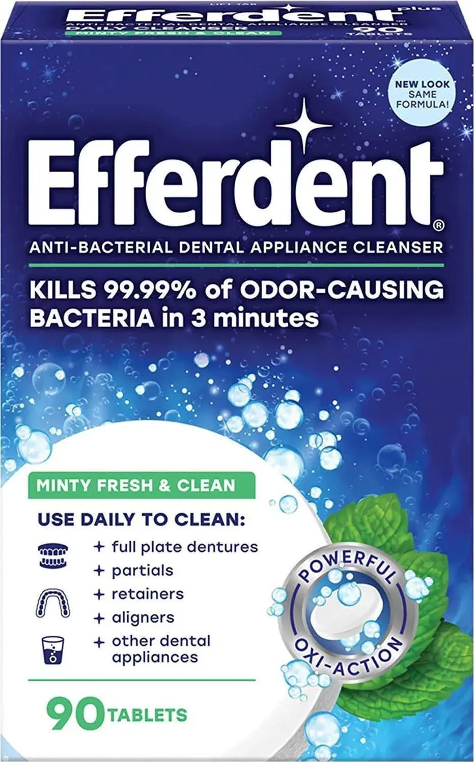 Efferdent Plus Mint Anti-Bacterial Denture Cleanser Tablets, 90 Count