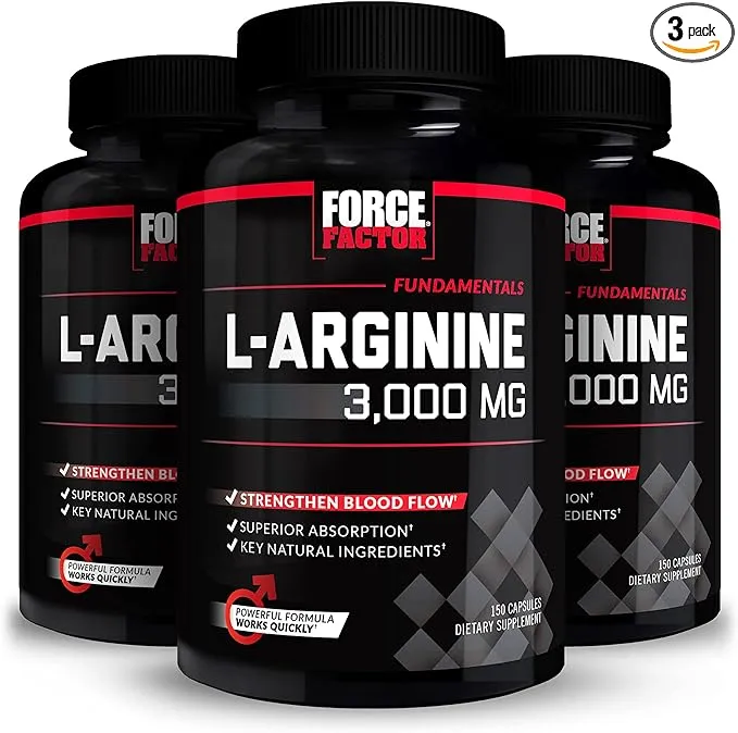 Force Factor L-Arginine,3-Pack,Nitric Oxide Supplement with Bioperine to Help Build Muscle & Support Stronger Blood Flow,Circulation,Nutrient