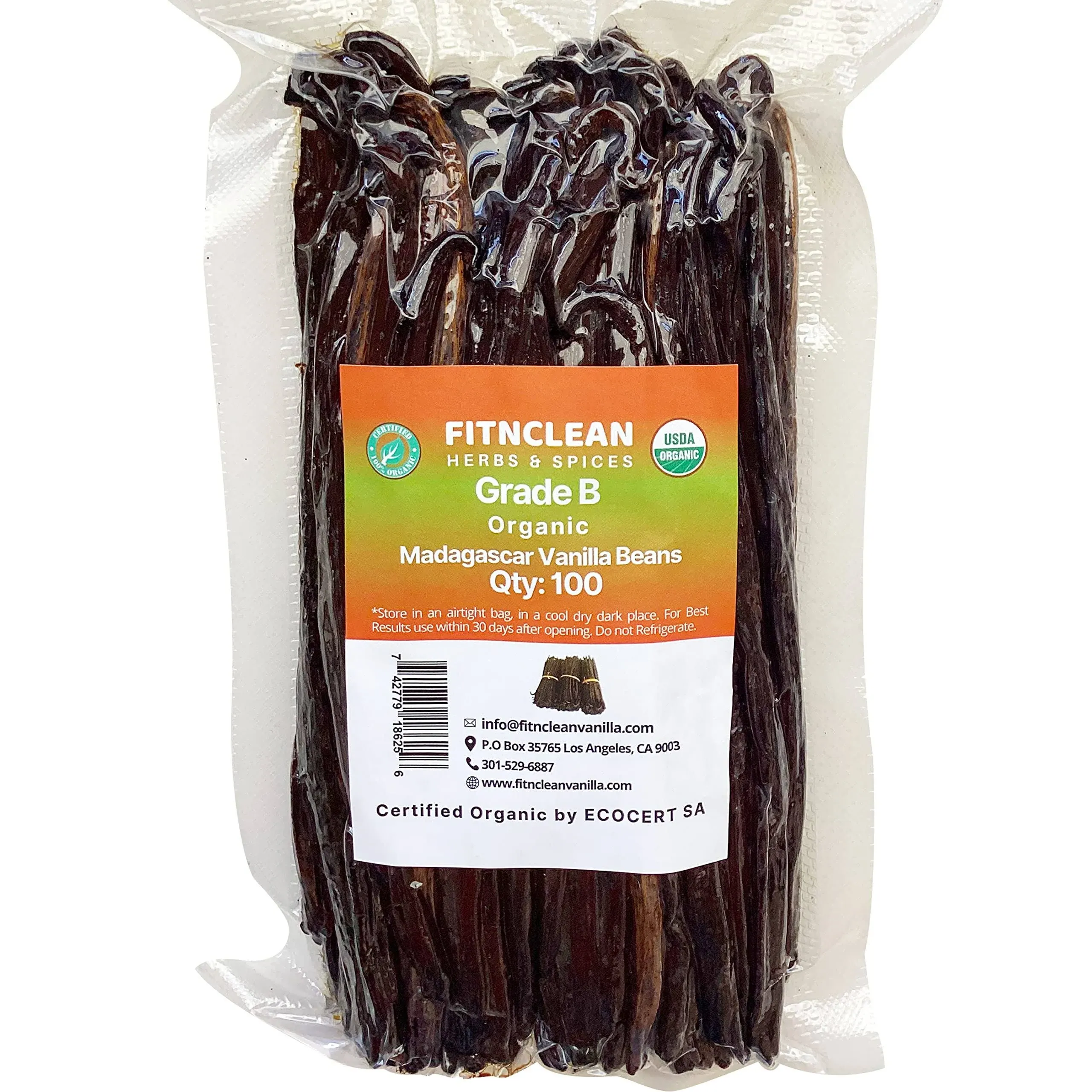 100 Organic Vanilla Beans Madagascar Grade B for extract, Cooking and Baking. Certified USDA Organic. 5"-7" by FITNCLEAN VANILLA| Whole NON-GMO Bourbon Pods