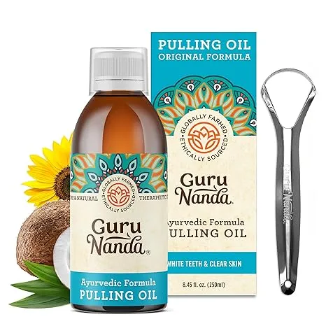 GuruNanda Original Oil Pulling with Tongue Scraper, Alcohol & Fluoride Free Mouthwash for Teeth & Gum Health & Fresh Breath (Unflavoured), 8.45 Fl Oz