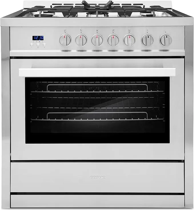 COSMO COS-965AGC 36 in. Gas Range with 5 Burner Cooktop, 3.8 cu. ft. Capacity Rapid Convection Oven with 5 Functions, Heavy Duty Cast Iron Grates in Stainless Steel, 36 inches