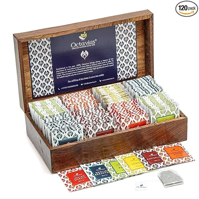 Octavius Wooden Caddy Tea Sampler Pack | Assortment of 3 Black & 3 Green Teas | 120 Enveloped Double Chamber Tea Bags | Tea Sampler Variety Pack | Perfect for Tea Lovers | Pack of 1Octavius Wooden Caddy Tea Sampler Pack | Assortment of 3 Black & 3 Green 