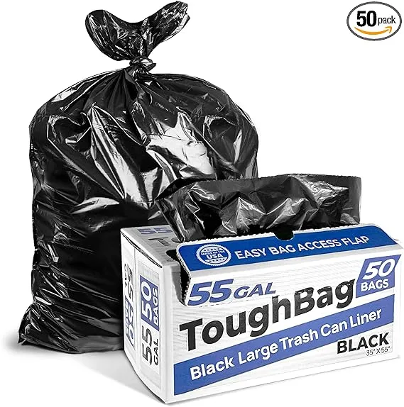 ToughBag 55 Gallon Trash Bags, 55-60 Gallon Trash Bags Heavy Duty (50 COUNT) - Large Black Trash Bags, 50-60 Gallon Garbage Bags for Contractors, Commercial, and Lawn, 35 x 55" - Made in USA