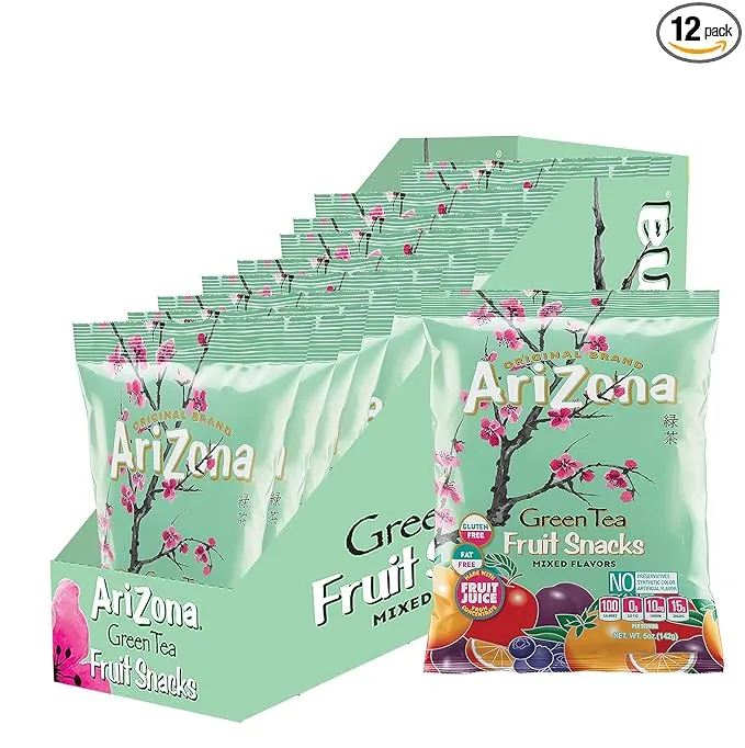 AriZona Green Tea Fruit Snacks, Gluten Free Mixed Fruit Gummy Chews 5 Ounce Individual Single Serve Bags, Green Tea,(Pack of 12)