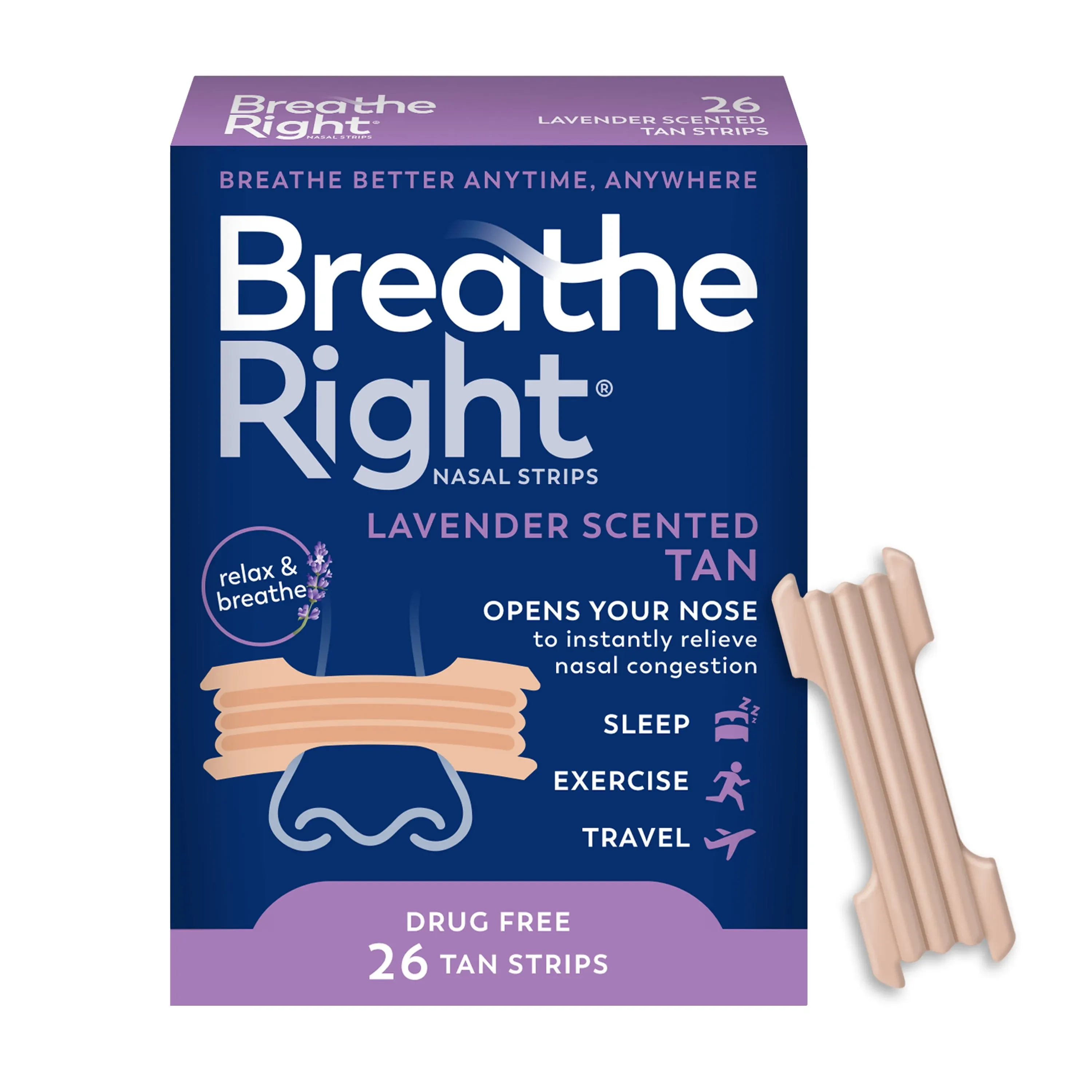 Breathe Right Nasal Strips, Drug Free, Calming Lavender Scent - 26 strips