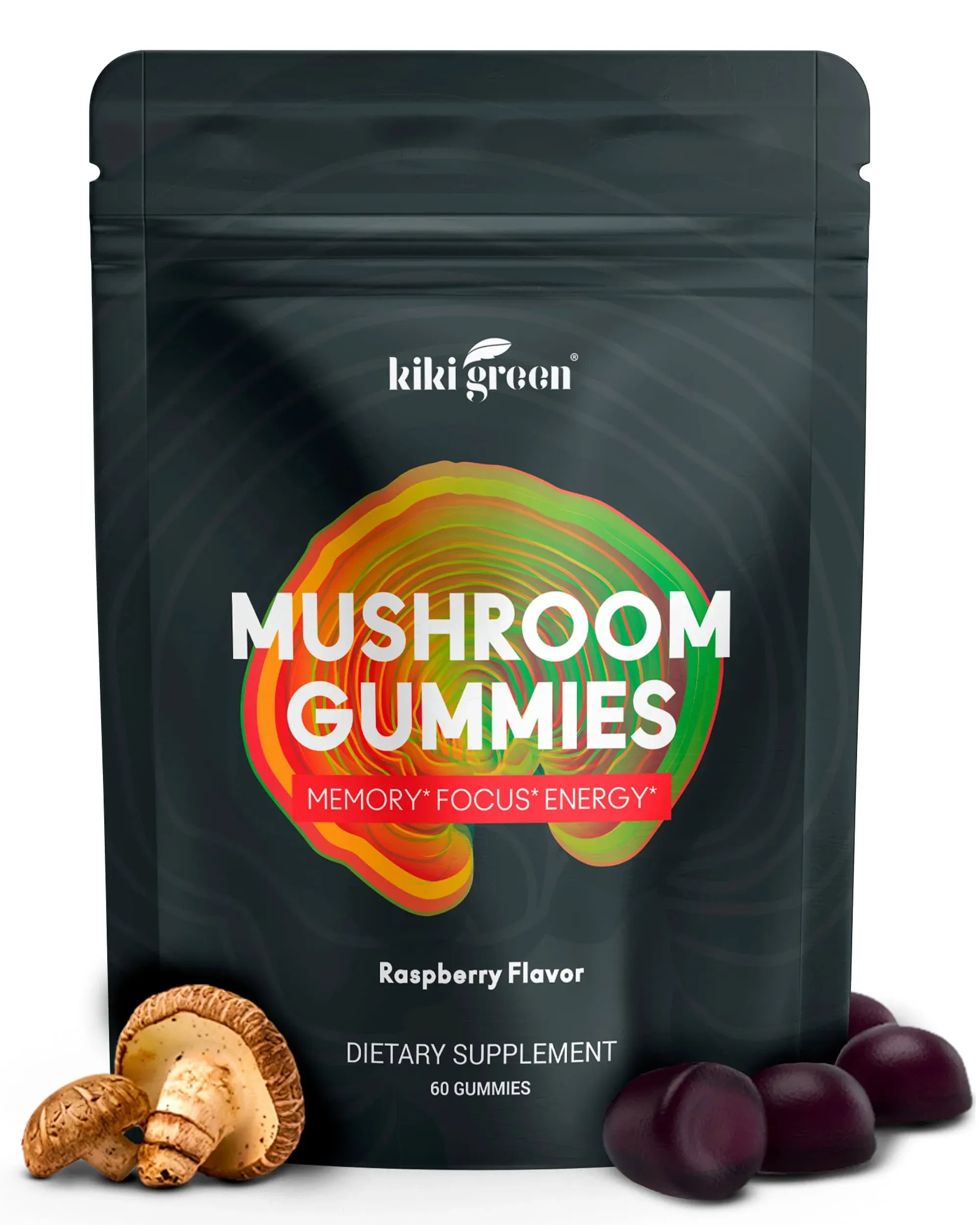 Kiki Green Mushroom Gummies with Lion's Mane & 9 Adaptogen Mushrooms Blend - Chaga Red Reishi Cordyceps Shiitake Black Fungus | 60 Gummies, 10:1