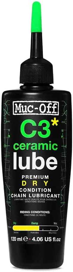 Muc-Off C3 Ceramic Dry Chain Lube, 120 Milliliters - Premium Bike Chain Lubricant with UV Tracer Dye - Formulated for Dry and Dusty Weather Conditions