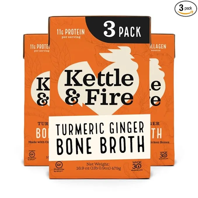 Kettle and Fire Turmeric Ginger Chicken Bone Broth, Keto, Paleo, and Whole 30 Approved, Gluten Free, High in Protein and Collagen, 3 Pack