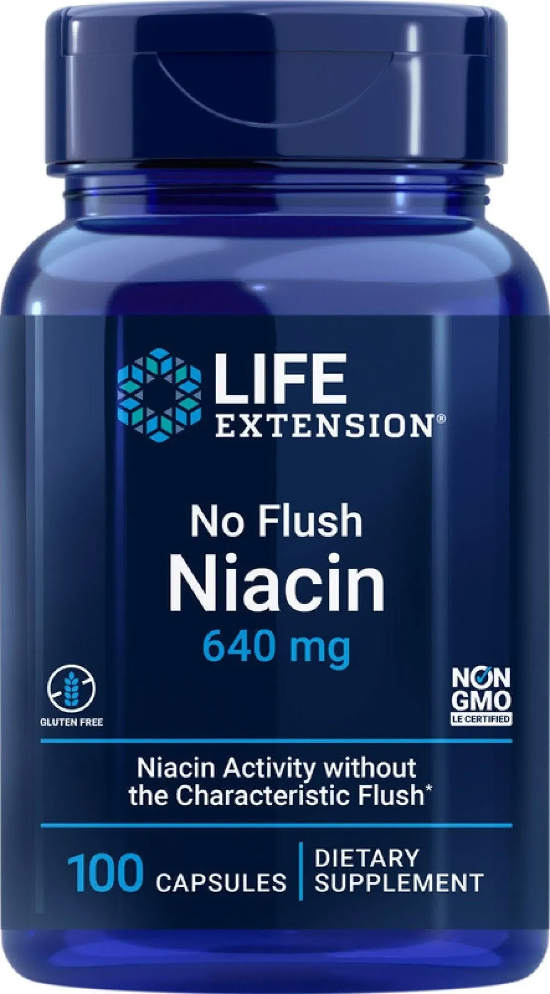 Life Extension No Flush Niacin, B3 for Heart Health, Cholesterol & Energy Support, Non-GMO, Gluten-Free, 100 Capsules