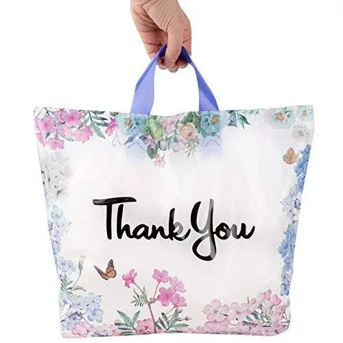 Purple Q Crafts Floral Thank You Plastic Bags 50 Pack 18" x 18" With Soft Loop Handle Thank You Shopping Bags