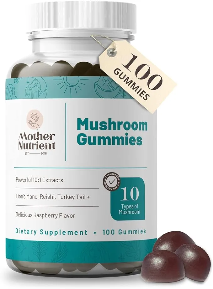 Mother Nutrient Mushroom Supplement Gummies- Pure Extract Mushrooms - Chaga, Reishi, Cordyceps & Lion's Mane - 50 Day Supply Chewable Gummies (100 pcs)