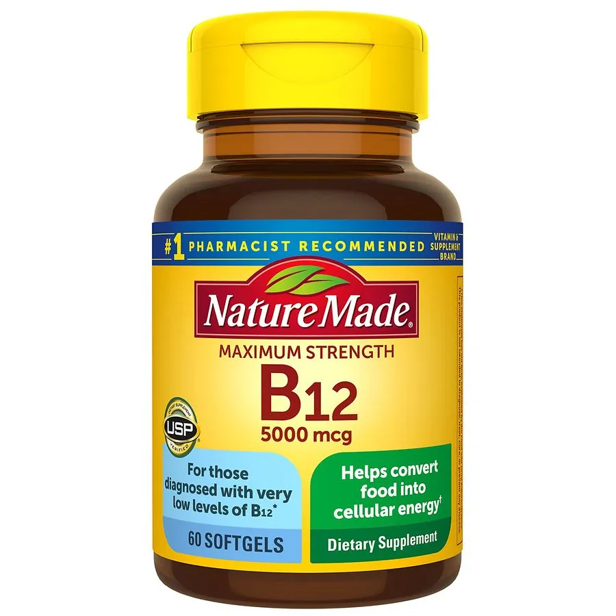 Nature Made Maximum Strength Vitamin B12 5000 mcg Softgels, Dietary Supplement, 60 Count