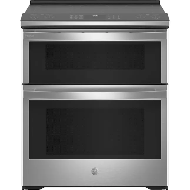 GE Profile 30-in Glass Top 5 Burners 4.4-cu ft / 2.2-cu ft Self & Steam Cleaning Air Fry Convection Oven Slide-in Smart Double Oven Electric Range (Fingerprint-resistant Stainless Steel)