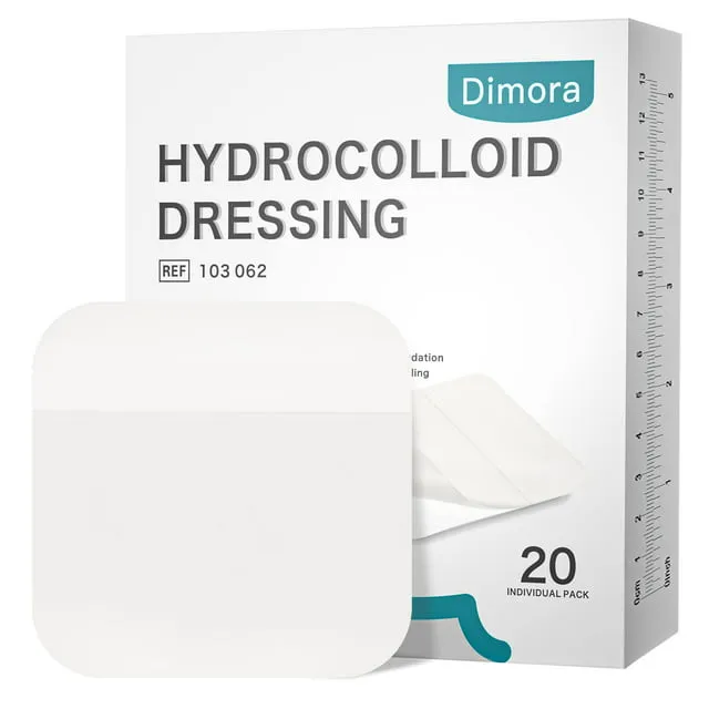 Dimora 20 Pack Hydrocolloid Wound Dressing, Ultra Thin 4" x 4" Large Patch Bandages with Self-Adhesive