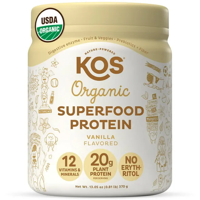 KOS Organic Vegan Protein Powder, Vanilla, 20g Protein, 12 Vitamins & Minerals, 0.85lb, 10 Servings