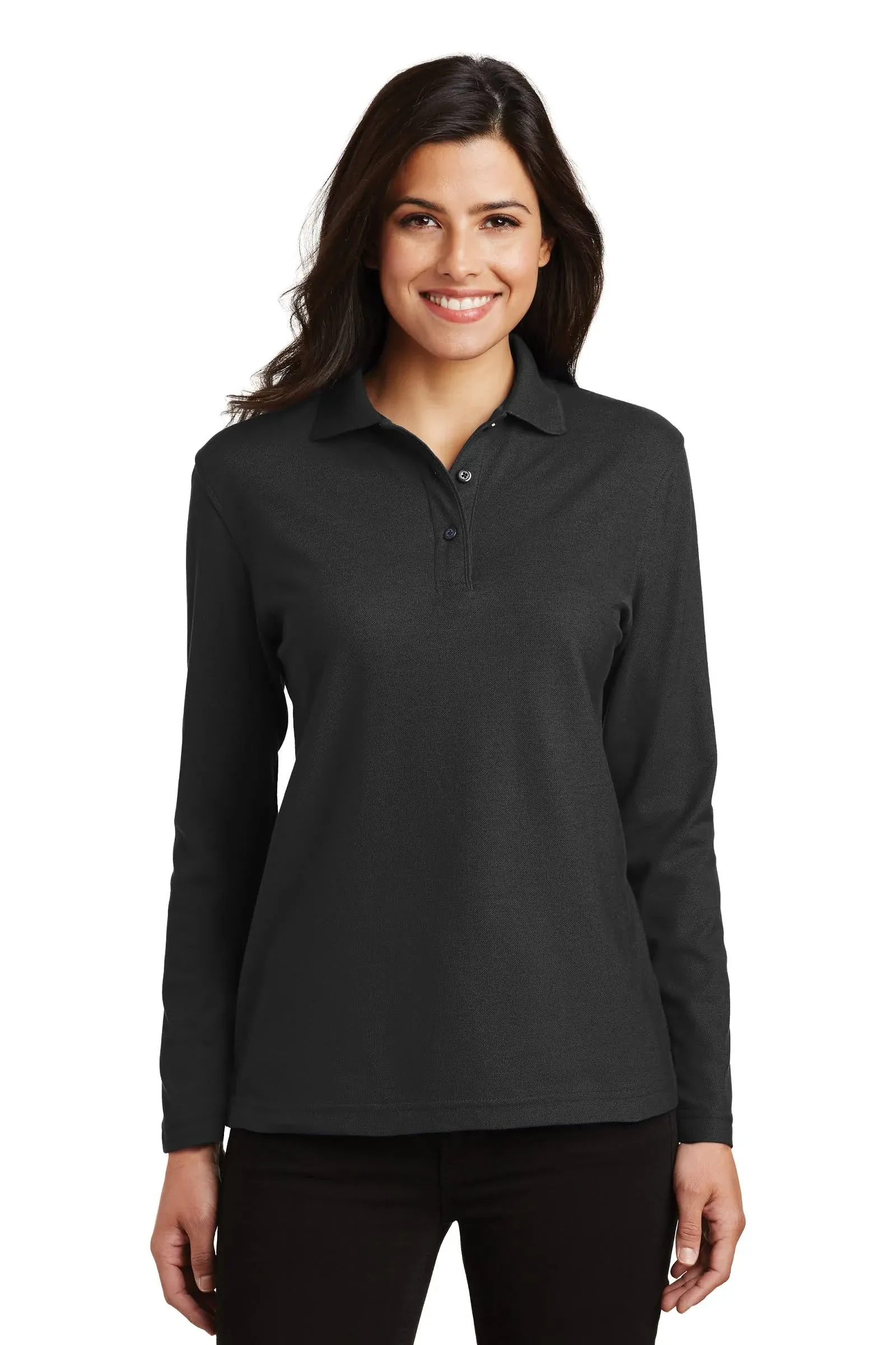 Port Authority L500LS Ladies Silk Touch Long Sleeve Polo - Black - XS