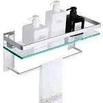 Vdomus Glass Bathroom Shelf with Hand Towel Bar, Rectangular Wall Mounted Bathroom Shelf Storage Extra Thick Tempered Glass, 15.2x4.5 inches with Brushed Silver Finish