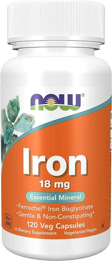 NOW Foods Iron Essential Mineral Immune &amp; Brain Health 18mg 120 Veg Capsules