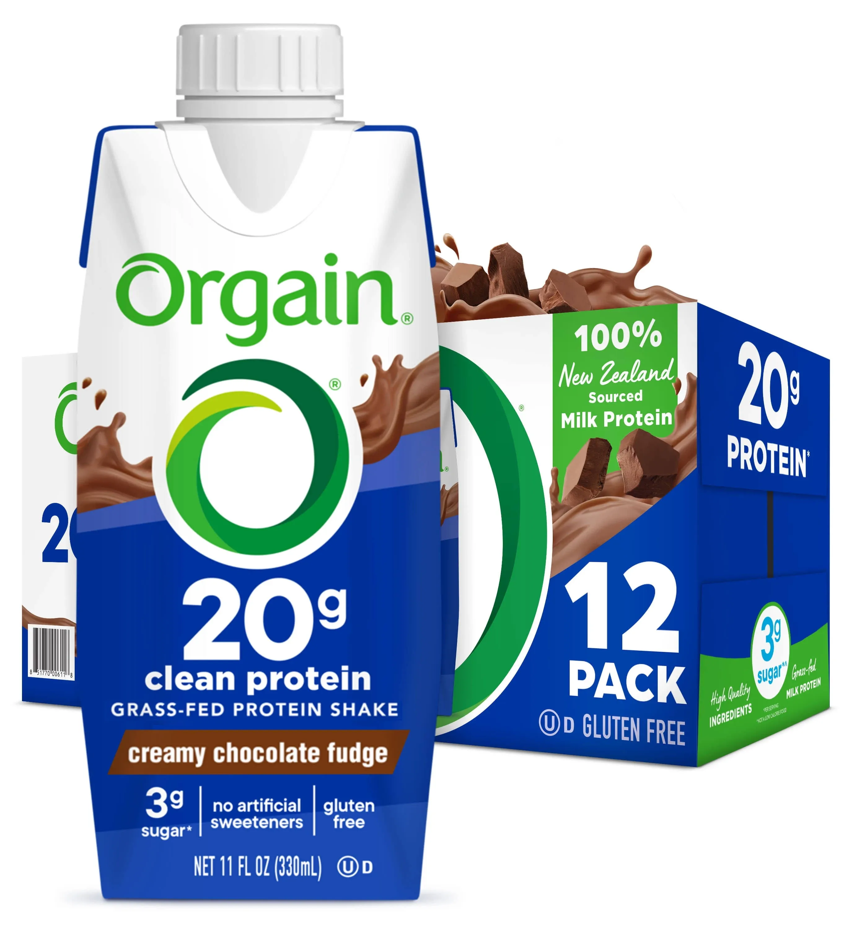 Orgain Grass-Fed Protein Shake, Creamy Chocolate Fudge - 12 pack, 11 fl oz cartons