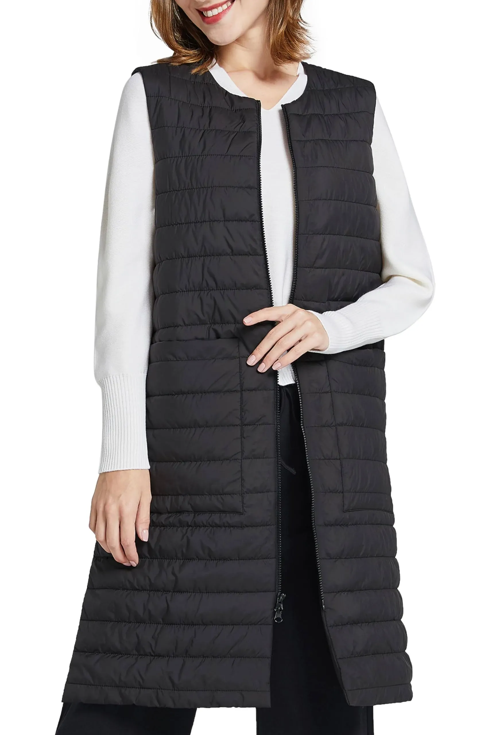 Women Long Puffer Vest Down Quilted Lightweight Sleeveless Jacket with Pockets