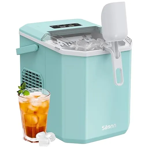 Silonn Ice Maker Countertop, Portable Ice Machine with Carry Handle, Self-Cleaning Ice Makers with Basket and Scoop, 9 Cubes in 6 Mins, 26 lbs per Day, Ideal for Home, Kitchen, Camping, RV