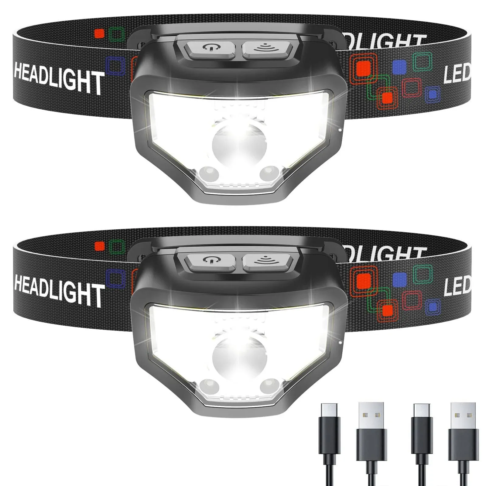 Curtsod Headlamp Rechargeable, 2-Pack 1200 Lumen Super Bright with White Red LED ...