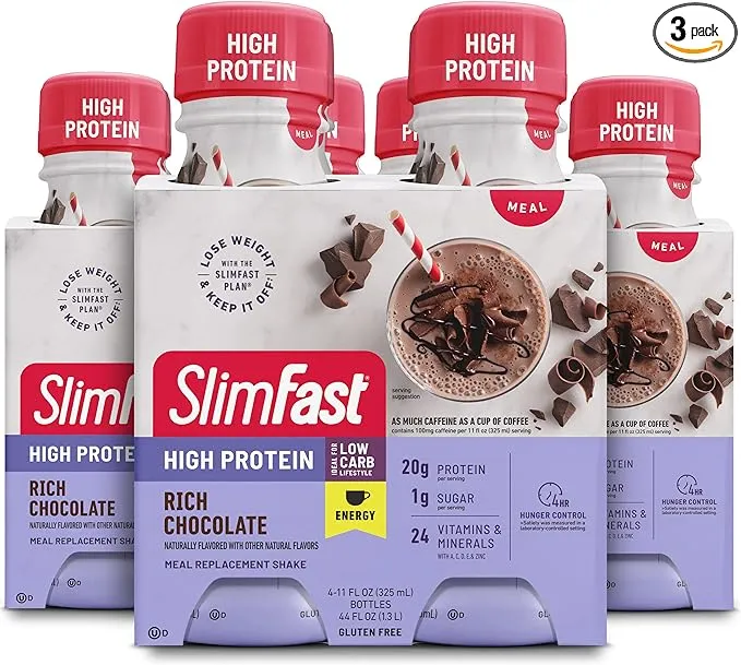 SlimFast Advanced Energy High Protein Meal Replacement Shake, Rich Chocolate, 20g of Ready to Drink Protein with Caffeine, 11 Fl. Oz Bottle, 4 Count (Pack of 3) (Packaging May Vary)SlimFast Advanced Energy High Protein Meal Replacement Shake, Rich Chocol