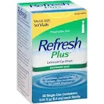 Refresh Plus Lubricant Eye Drops, Preservative-Free, 0.01 Fl Oz Single-Use Containers, 50 Count, Packaging May Vary