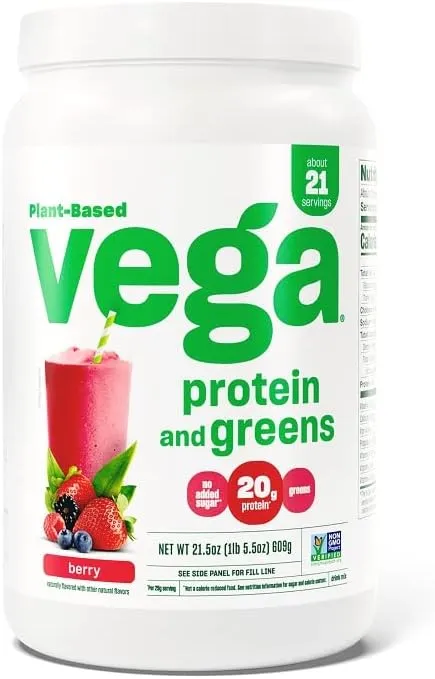 Vega Protein & Greens Drink Mix Powder, Berry - 21.5 oz jar