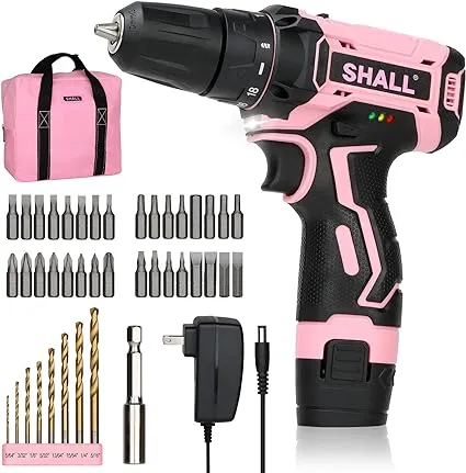 SHALL 43-Piece Pink Cordless Drill Set, 12V Electric Drill, 3/8" Keyless Chuck, 2Ah Li-ion Battery, 8 HSS Drill Bits & 32 Screwdriver Bits Included, for Drilling Wood/Metal, Women DIY Projects