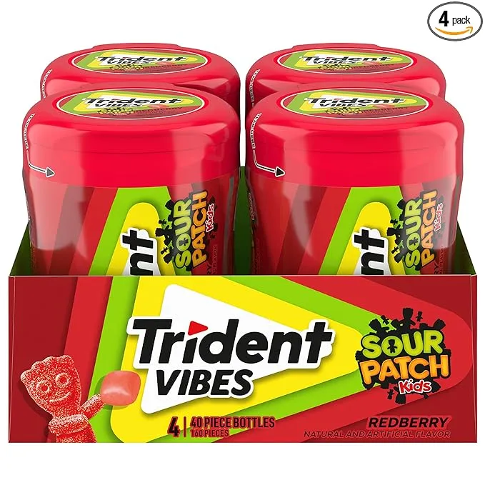 Trident Vibes Sour Patch Kids Redberry Sugar Free Gum, 4 - 40 Piece Bottles (160 Total Pieces)