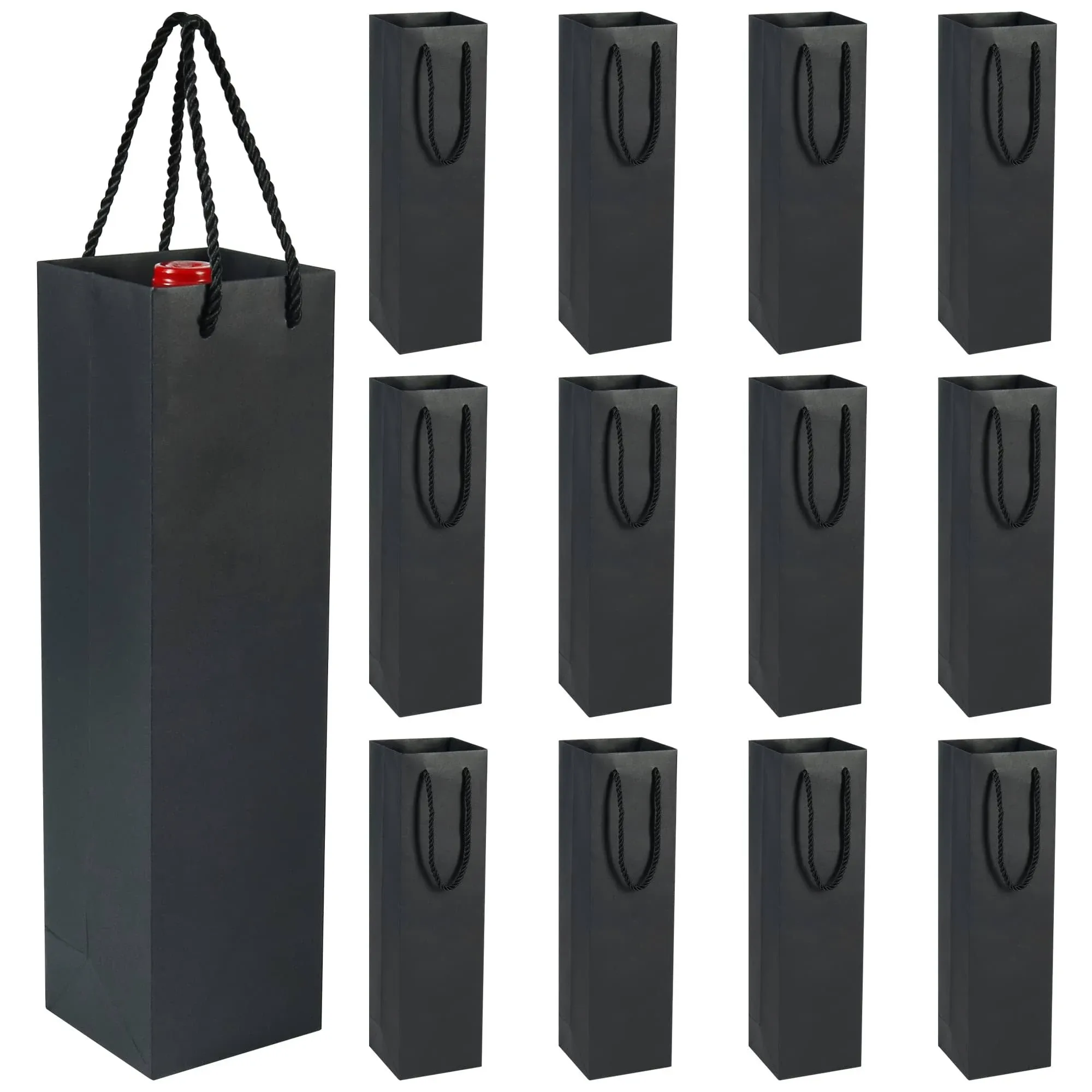 HRX Package Sturdy Kraft Paper Single Bottle Wine Gift Bags, 12PCS Quality Paper Wine Tote Bags with Handles for Christmas, Party, Shopping, Retail Merchandise (Black)