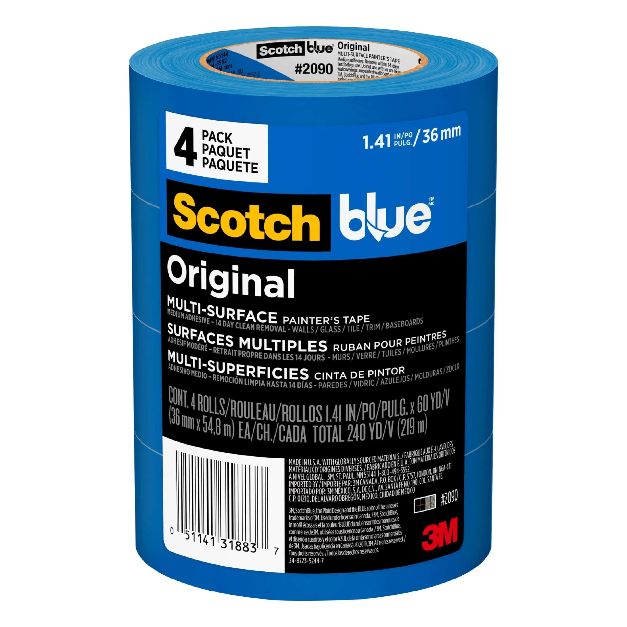 ScotchBlue Original Painter's Tape, 1.41 in x 60 yd, 4 Rolls