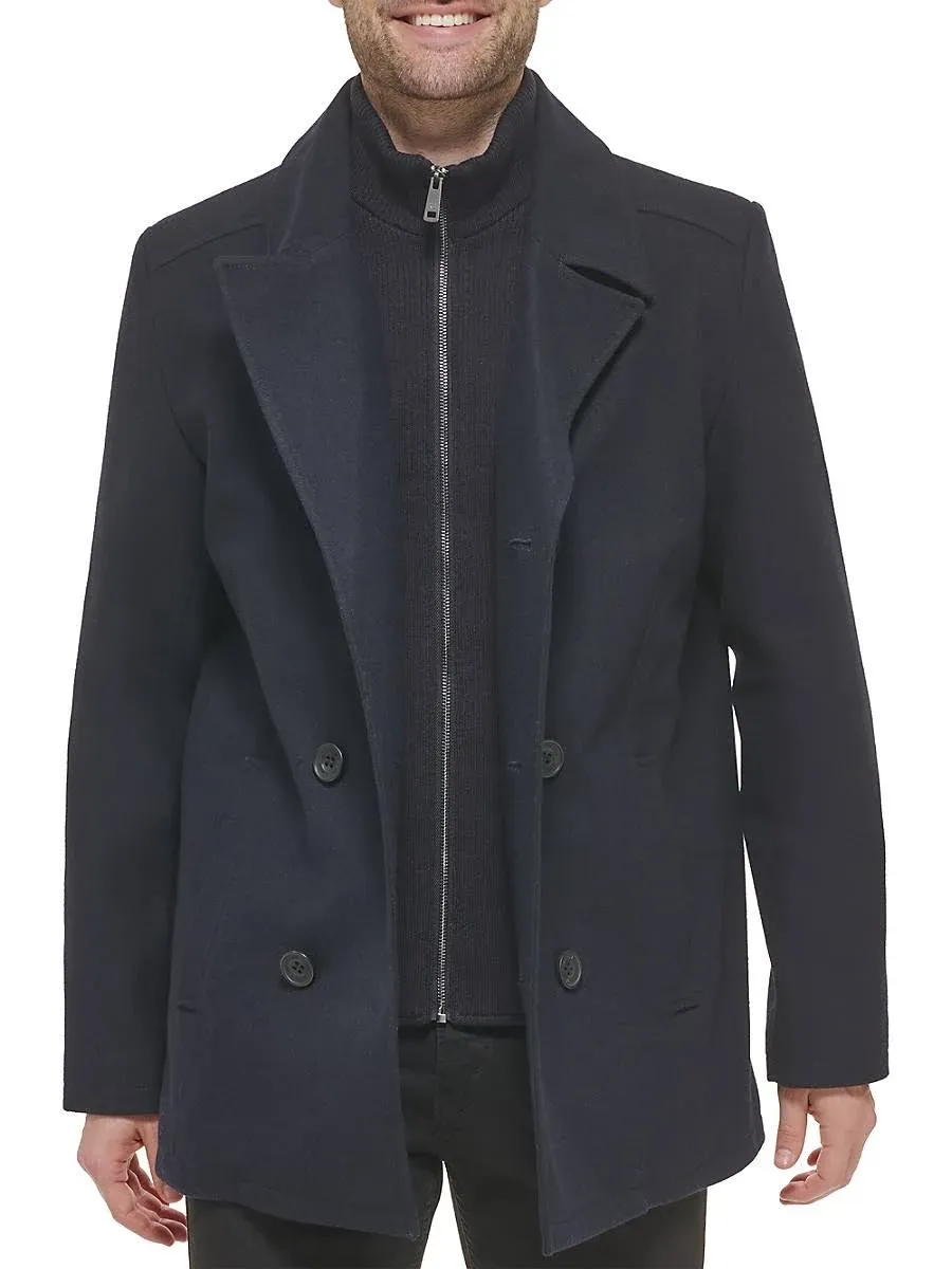 Kenneth Cole Men's Double Breasted Bib Peacoat, Pea Coat Navy