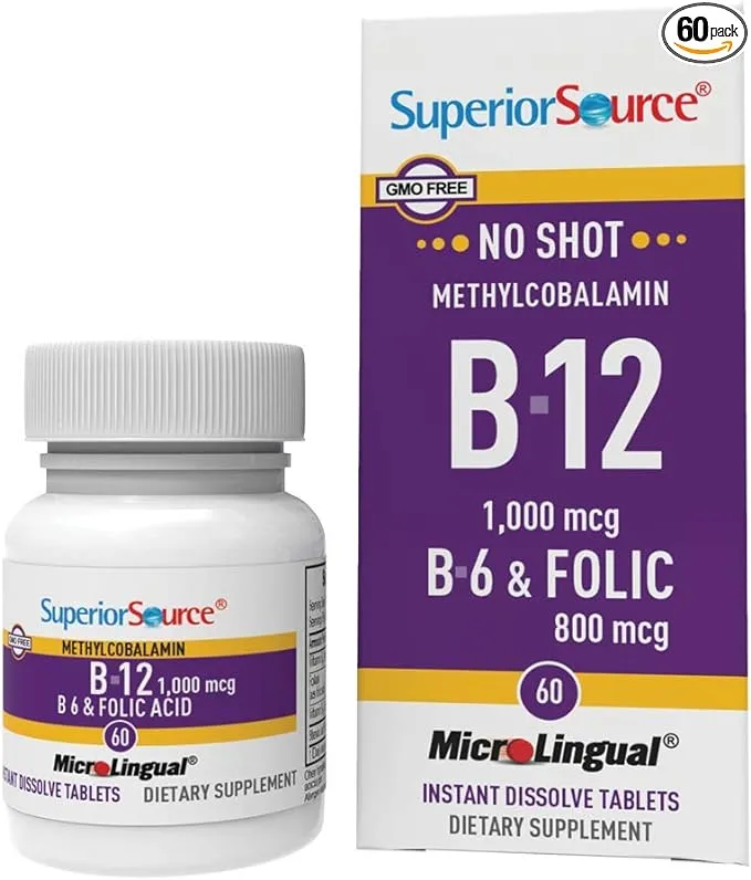 Superior Source No Shot Vitamin B12 Methylcobalamin (1000 mcg), B6, Folic Acid, Quick Dissolve MicroLingual Tablets, 60 Ct, Increase Energy, Healthy Heart, Boost Metabolism, Stress Support, Non-GMO