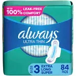 Always Ultra Thin Feminine Pads for Women, Size 3 Extra Heavy Long Absorbency, Multipack, with Wings, Unscented, 28 Count (Pack of 3)