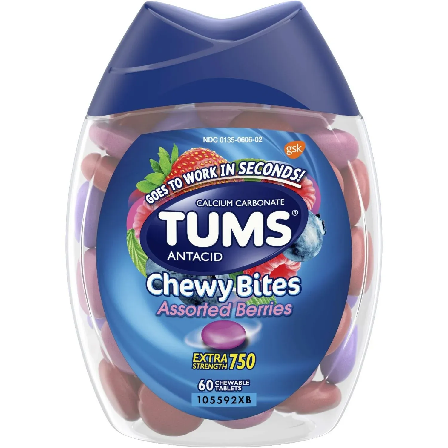 Tums Chewy Bites Antacid, Assorted Berries - 60 Chewable Tablets