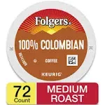 Folgers K Cups 100% Colombian Coffee for Keurig Makers, Medium Roast, 72 Count