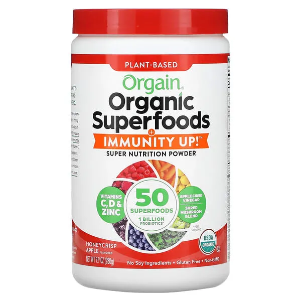 Greens Powder + Superfoods Immune Support, Orgain Organic Immunity Up! Powder, Honeycrisp Apple - Vitamin D, Vitamin C, Zinc, Apple Cider Vinegar, Probiotics, Ashwagandha & Reishi Mushrooms - 0.62lb