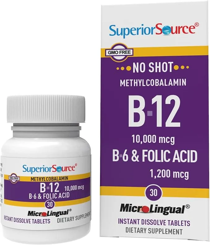 Superior Source No Shot Vitamin B12 Methylcobalamin (10000 mcg), B6, Folic Acid, Quick Dissolve MicroLingual Tablets, 30 Ct, Increase Energy, Healthy Heart, Boost Metabolism, Stress Support, Non-GMO