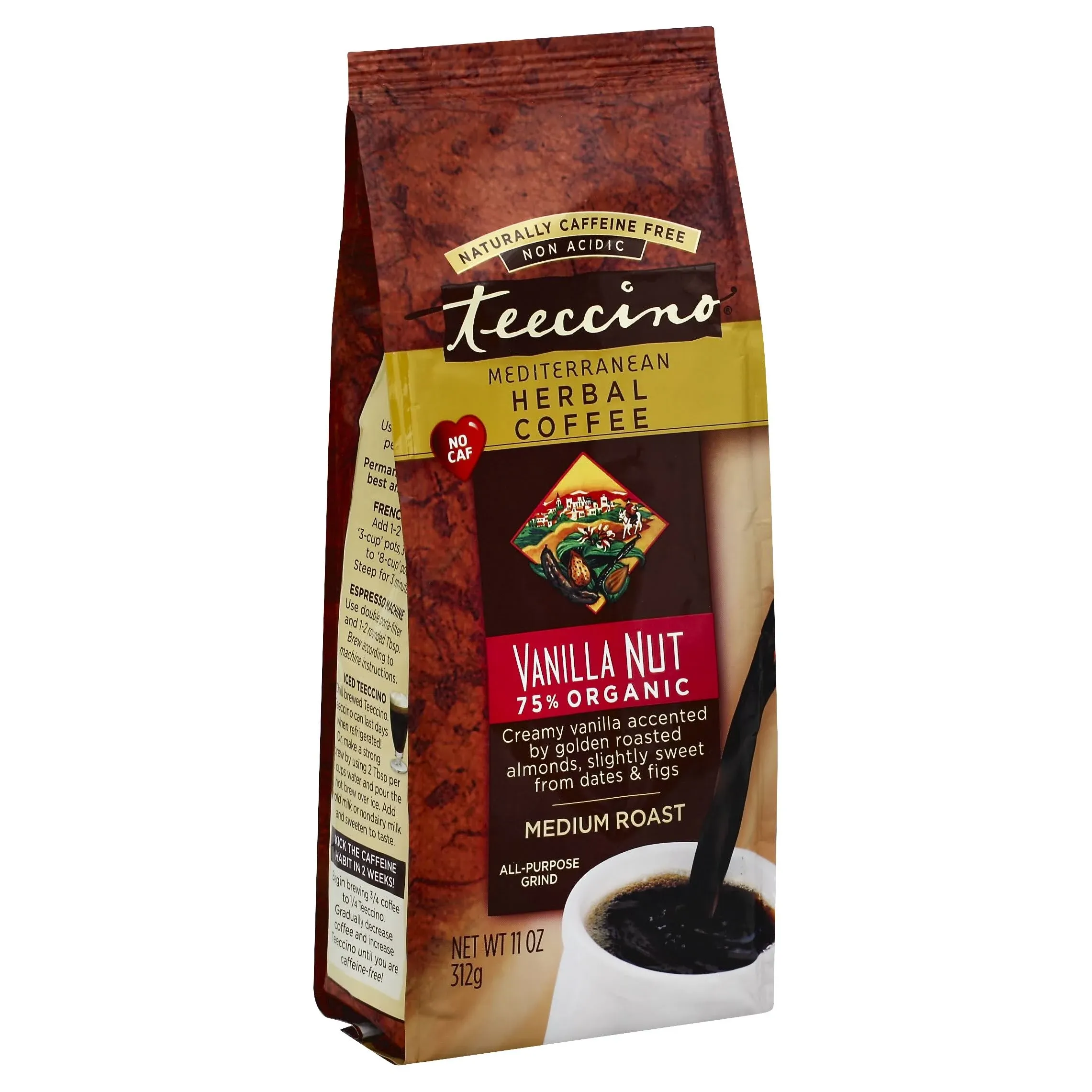 TEECCINO: Mediterranean Herbal Coffee Medium Roast Caffeine Free Vanilla Nut, 11 oz