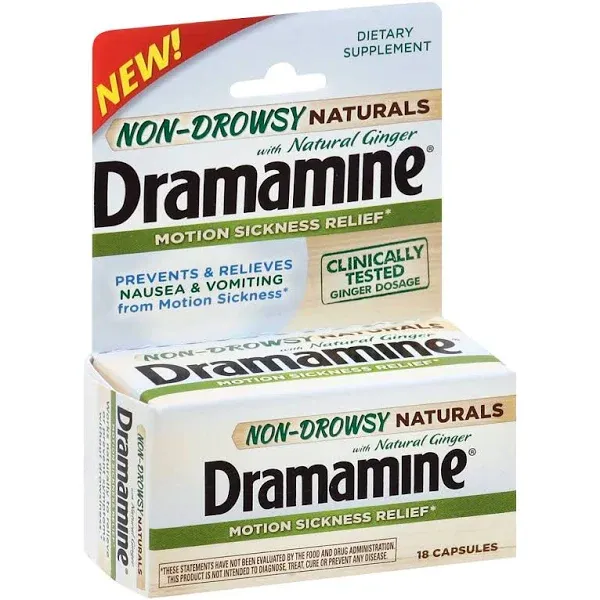 Dramamine Non-Drowsy Naturals With Natural Ginger Capsules, 18 Ea