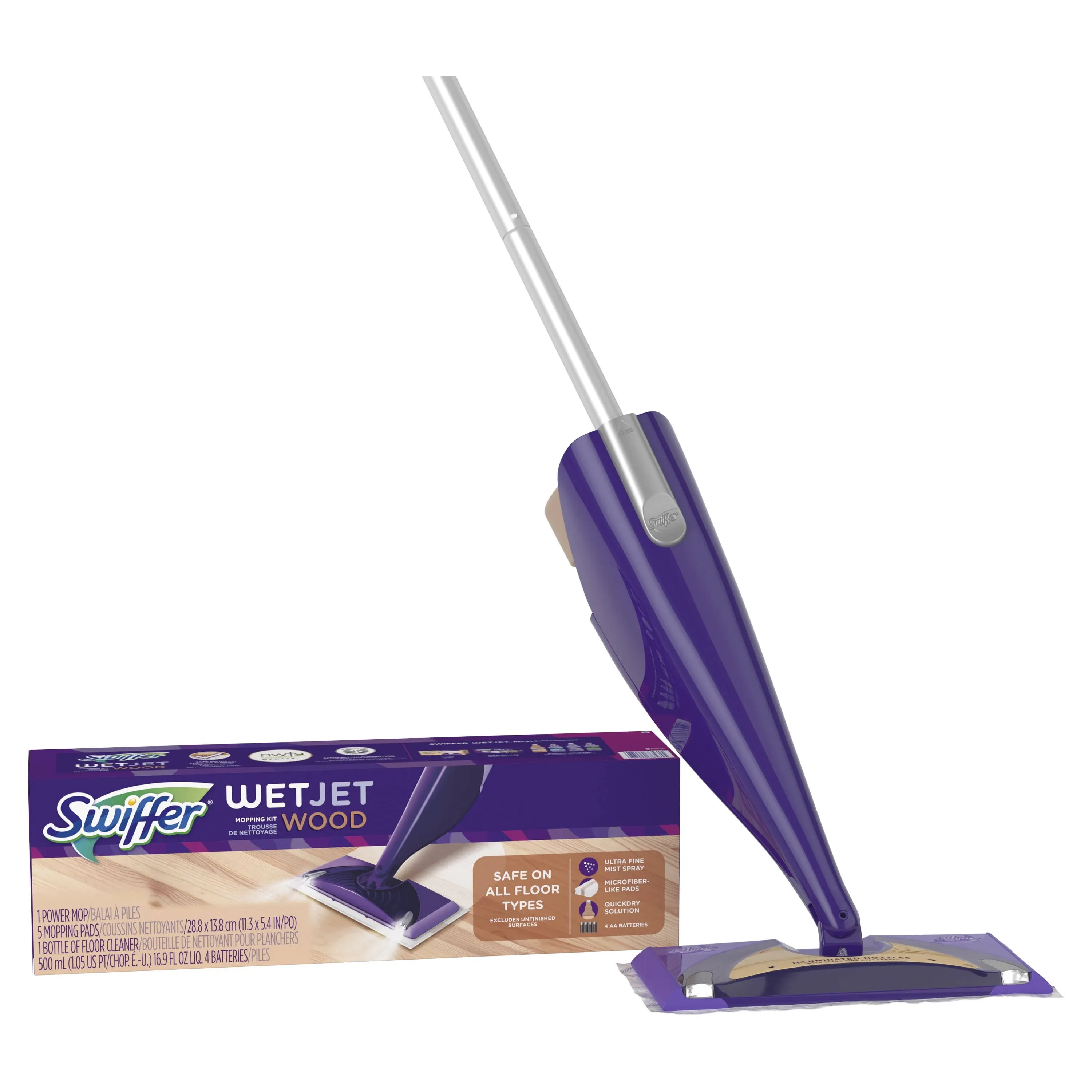 Swiffer WetJet Wood Mop Starter Kit:  Mop, 5 Pads, Quickdry Solution + Batteries