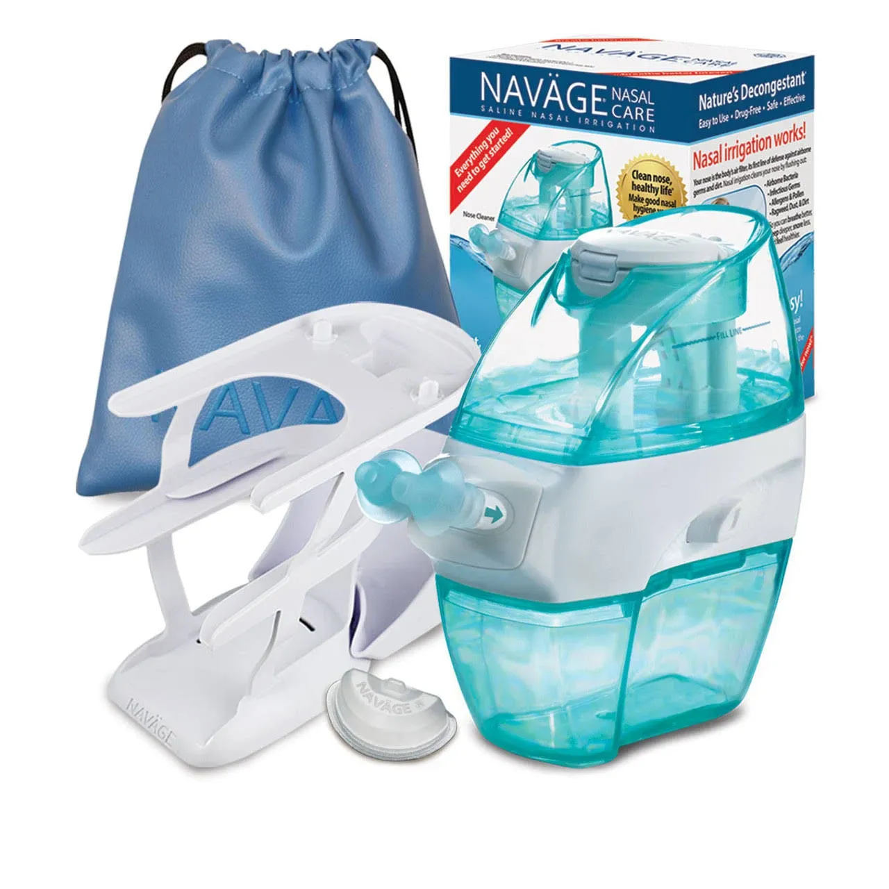 Navage Nasal Irrigation Deluxe Bundle: Navge Nose Cleaner, 90 SaltPod Capsules, Countertop Caddy, and Travel Case. If PU