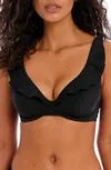 Jewel Cove Ruffled Bikini Top In Black Solid