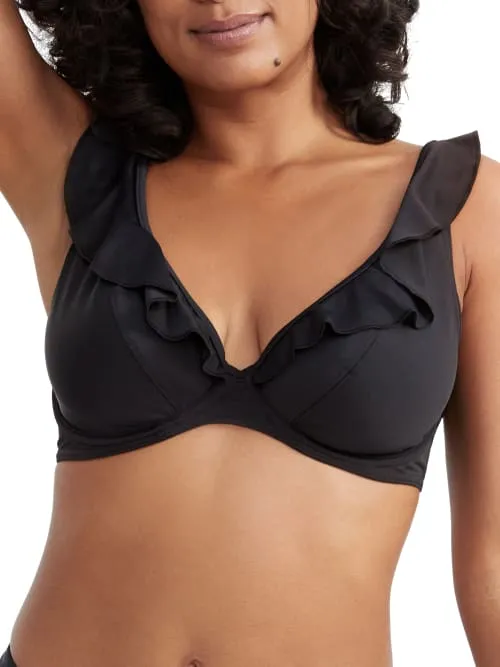 Jewel Cove Ruffled Bikini Top In Black Solid