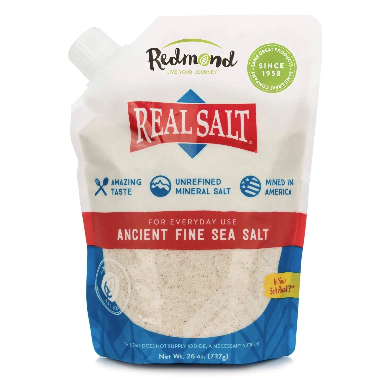 REDMOND Real Sea Salt - Natural Unrefined Gluten Free Fine, 26 Ounce Pouch 1pk