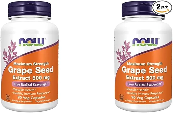 NOW Supplements, Grape Seed Extract, Maximum Strength 500 mg (a Highly Concentrated Extract with a Minimum of 90% Polyphenols), 90 Veg Capsules, Red/Brown, 0.25 pounds (Pack of 2)