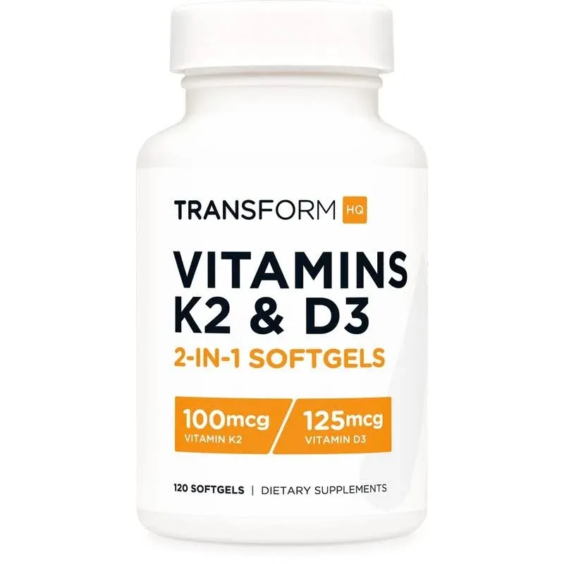 TransformHQ Vitamin K2 (MK7) (100mcg) + Vitamin D3 (5000 IU) 120 Softgels - Gluten Free and Non-GMO